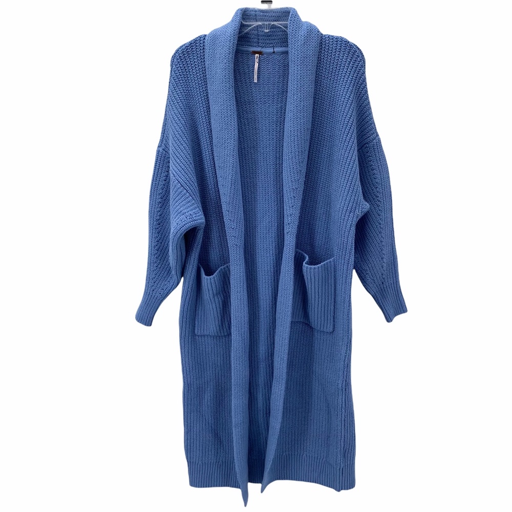 NEW FREE PEOPLE OVERSIZED BLUE KNIT  SKYLARK CARDI OPEN FRONT DUSTER S & M
